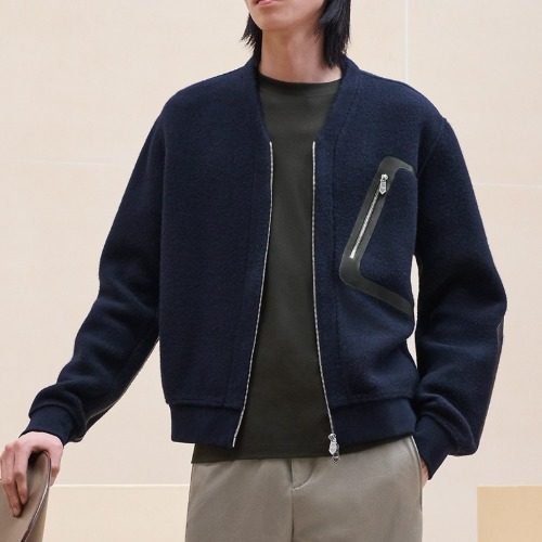 에르메스 캐시미어 버진 울 레더 포켓 바시티 가디건 네이비