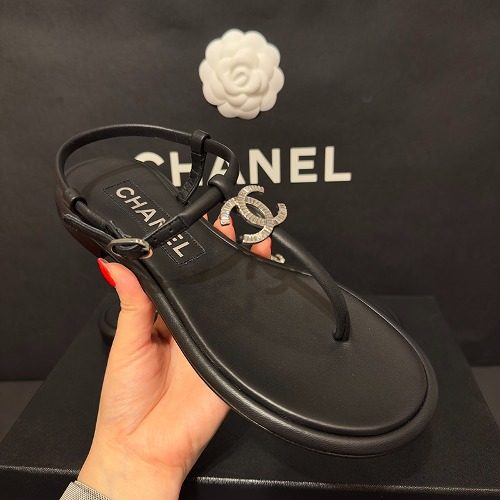 CHANEL T Strap Strass Crystal Stud Sandals Black 36.5