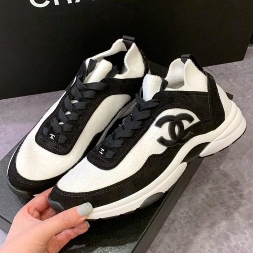 CHANEL Knit Suede Calfskin White Black Sneakers