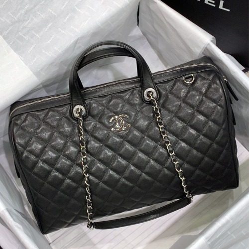 CHANEL Maxi Bowling Bag 그레인드 Calfskin Silver Metal 보스턴백 Black