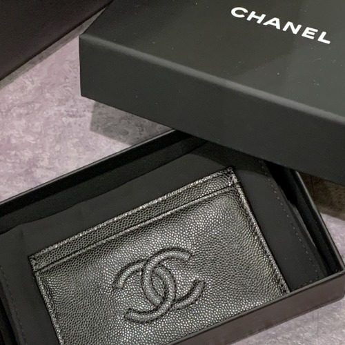 CHANEL Card Wallet 그레인드 Calfskin Big Logo Card Holder Black