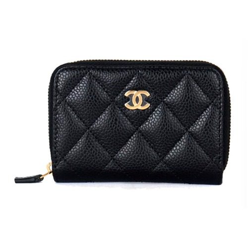 CHANEL ๊ทธ๋ ์ธ๋ Calfskin Zipper ๋์ Wallets Black Gold-Tone