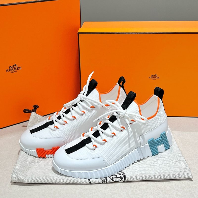HERMES 리프트 Slip-On Sneakers Knit Calfskin White H 오렌지 Sky