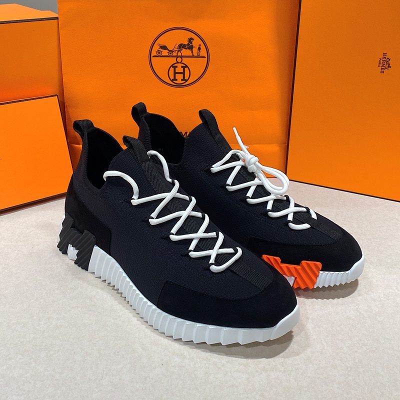 HERMES 리프트 Slip-On Sneakers Knit Calfskin Black H Two-Tone Logo