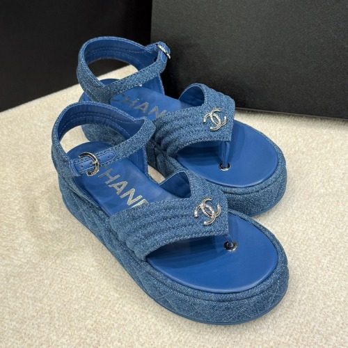 CHANEL Platform Denim 블루 CC Logo 은장 Sandals 36.5