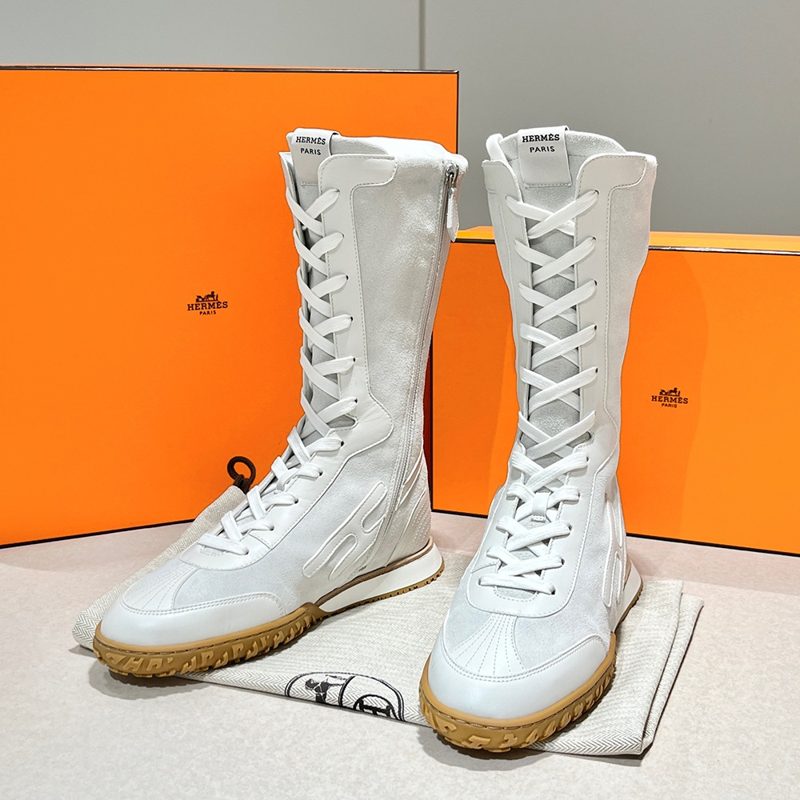 HERMES Suede Calfskin Lace-Up High-Top Sneakers White