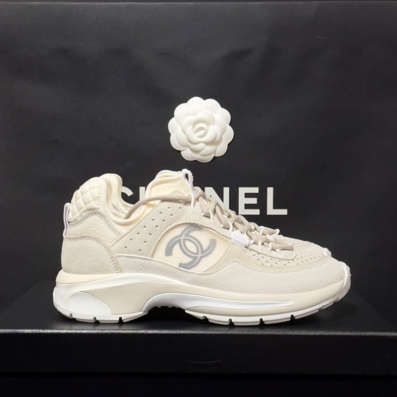CHANEL Mesh Suede Calfskin Running Sneakers White