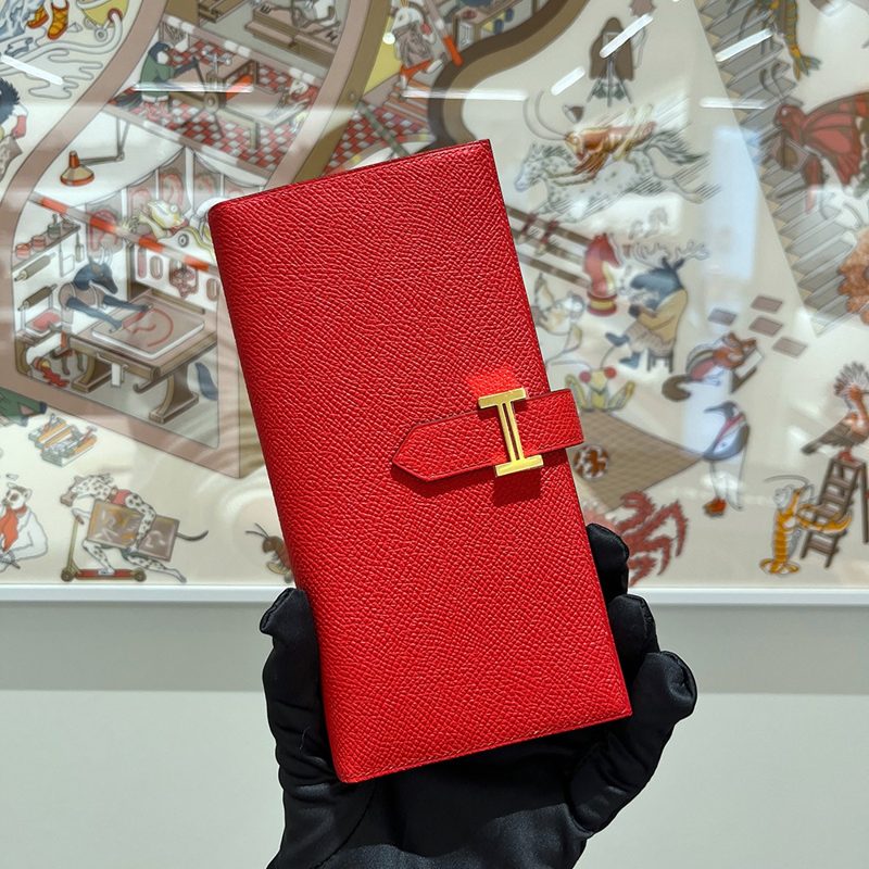 HERMES ๋ฒ ์ Long Wallet ์ฑ์ก Calfskin Red&Gold ํ๋์จ์ด