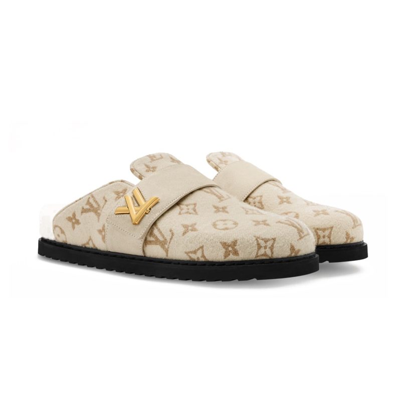 LOUIS VUITTON Suede Calfskin Shearling LV ์ฝ์ง Flat ์ปดํฌํธ ํด๋ก์ฆ๋ Mules ์์ด๋ณด๋ฆฌ
