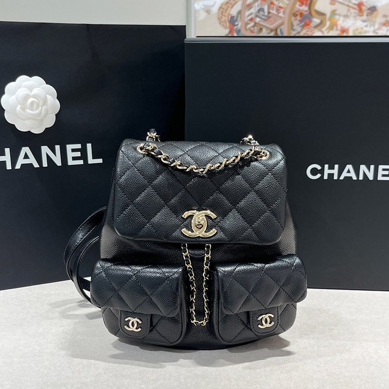 CHANEL 그레인드 Calfskin 듀마 투포켓 Backpack Black Gold-Tone Small
