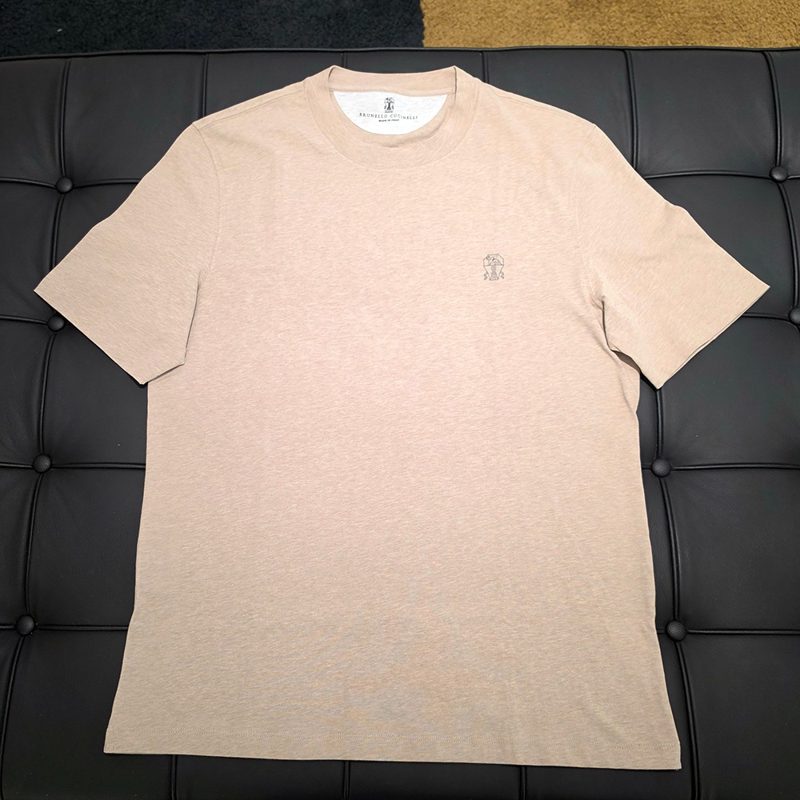 브루넬로 쿠치넬리 로고 코튼 저지 크루넥 티셔츠 베이지