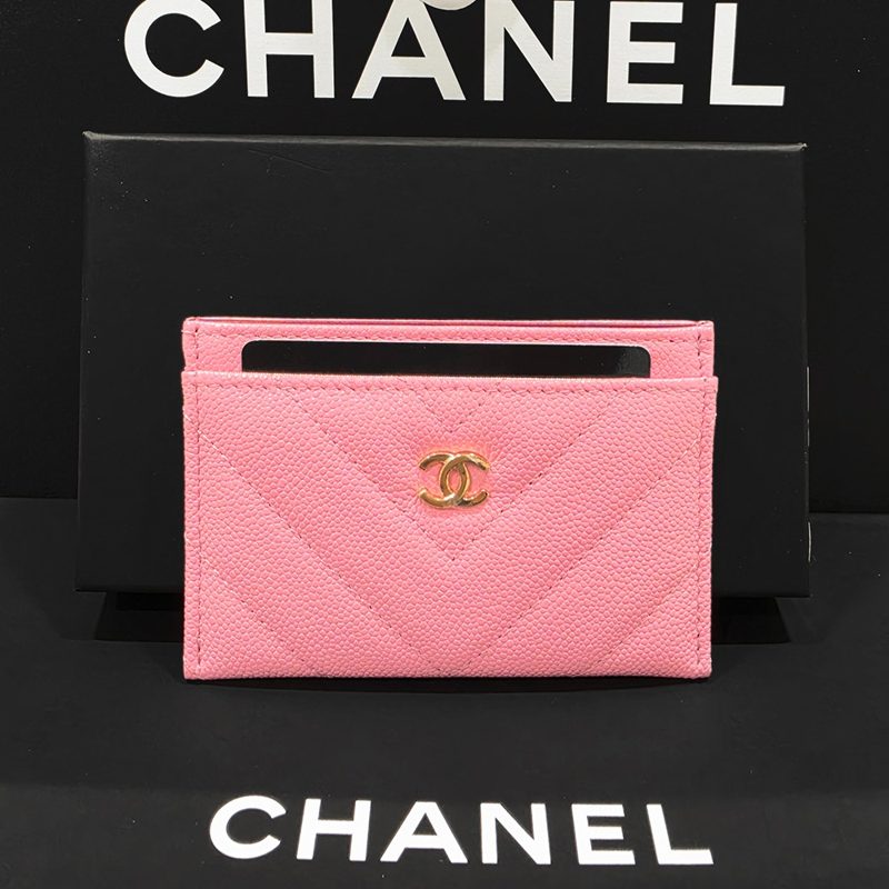 CHANEL Chevron Card 슬롯 Wallet 캐비어 핑크 Gold-Tone