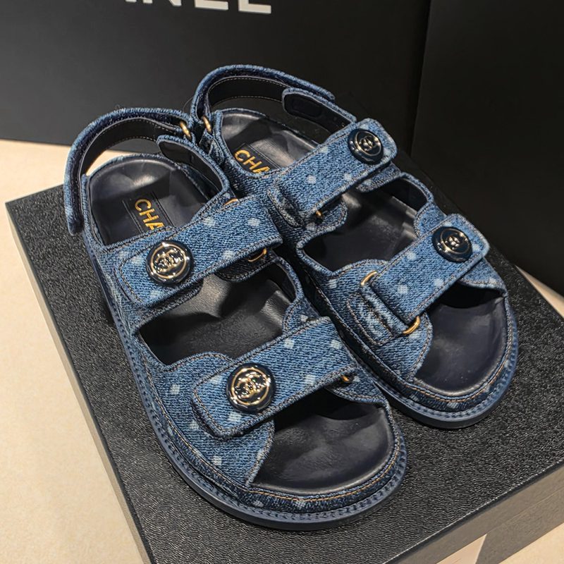 CHANEL Mules / Velcro νλ¦°ν°λ Denim λ€ν¬ λΈλ£¨ Sandals 36 / 37.5