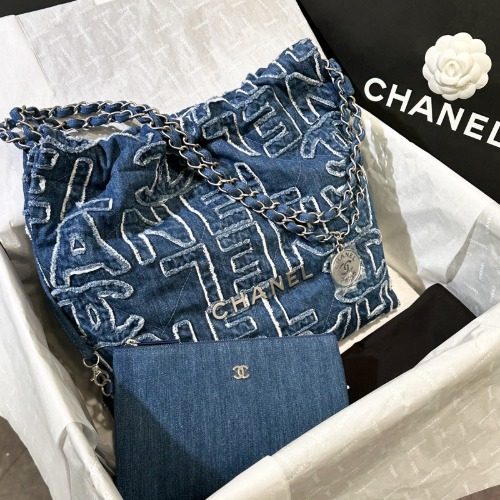 CHANEL 22Bag 곡방 μλ¦¬μ¦ Lettering νλ¦°μ§ Denim λΈλ£¨ Small