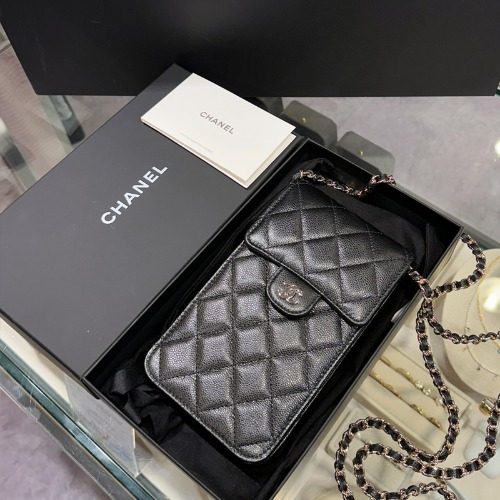 CHANEL Phone Holder Chain κ·Έλ μΈλ Calfskin Gold-Tone Black