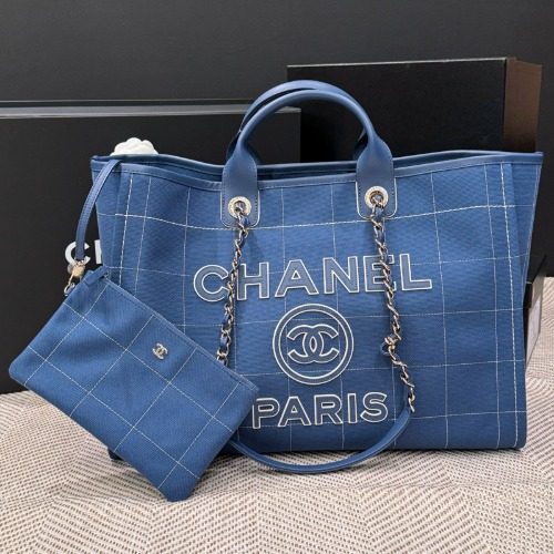 CHANEL 도빌백 Cotton Calfskin Maxi 쇼핑백 블루