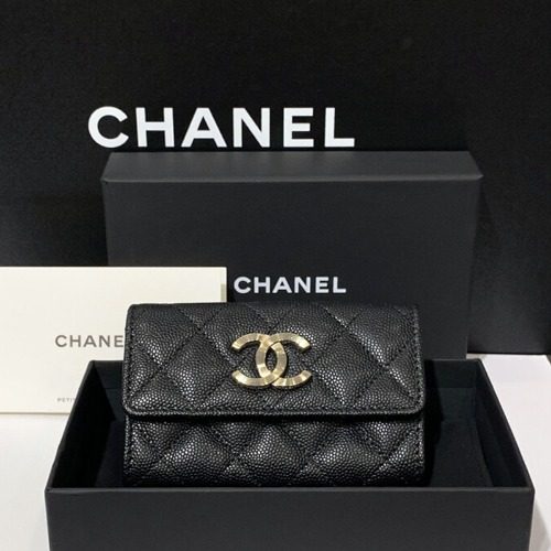 CHANEL 그레인드 Calfskin Flap Card Wallet Gold Metal Black