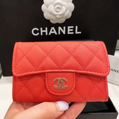 CHANEL Classic Card Wallet 그레인드 Calfskin 코랄레드 샴페인골드