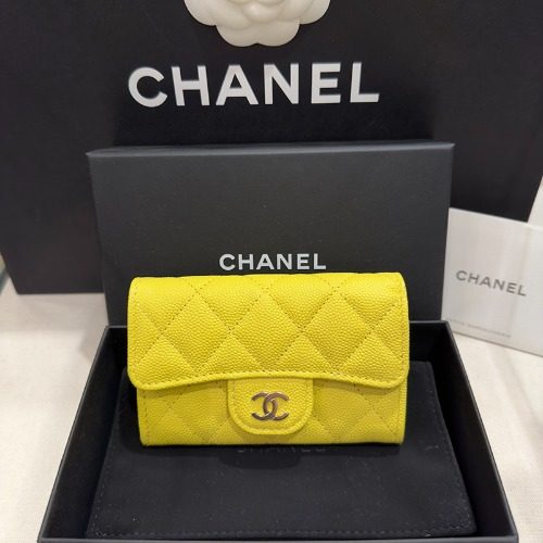 CHANEL Classic Card Wallet 그레인드 Calfskin 옐로우 샴페인골드