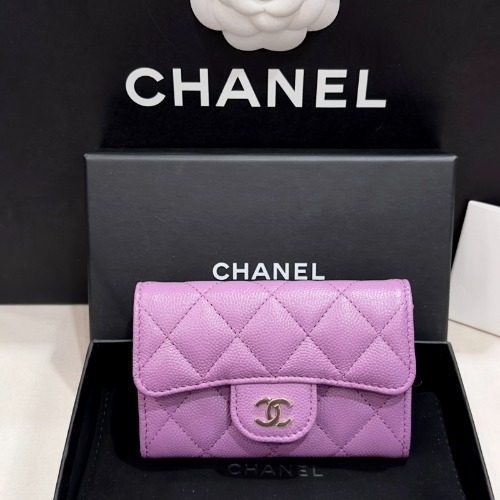 CHANEL Classic Card Wallet 그레인드 Calfskin 퍼플 샴페인골드