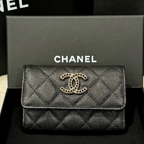 CHANEL Strass Gold Metal κ·Έλ μΈλ Calfskin Card Wallet Black