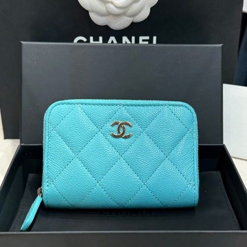 CHANEL ๊ทธ๋ ์ธ๋ Calfskin Zipper ๋์ Wallets Gold-Tone Sky ๋ธ๋ฃจ