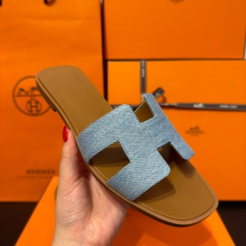 HERMES 오란 Sandals Calfskin Denim 브라운 Two-Tone