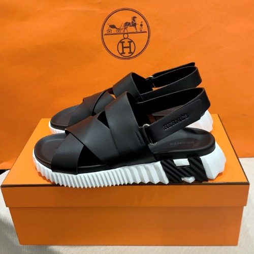 HERMES Calfskin Black White H Black Logo μΌλ νΈλ¦ Sandals