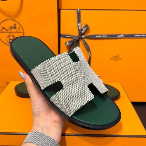 HERMES 이즈미르 Slippers Fabric Calfskin 그린 그레이 42.5 / 43
