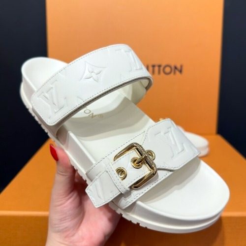 LOUIS VUITTON Velcro Lambskin Flat Mules Sandals White