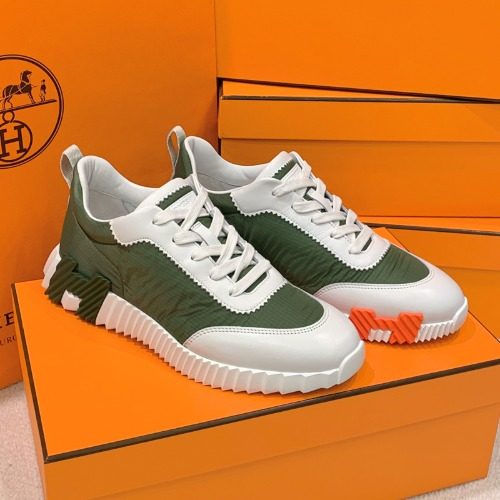 HERMES 바운싱 Ripstop Fabric Calfskin 카키 H Two-Tone Sneakers