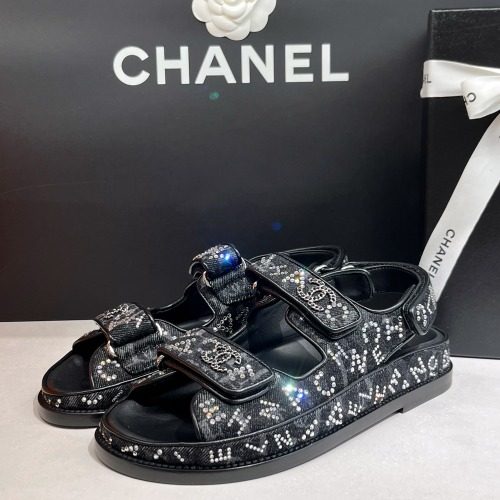 CHANEL 25 SS Logo 프린티드 Denim Strass Black Sandals 36